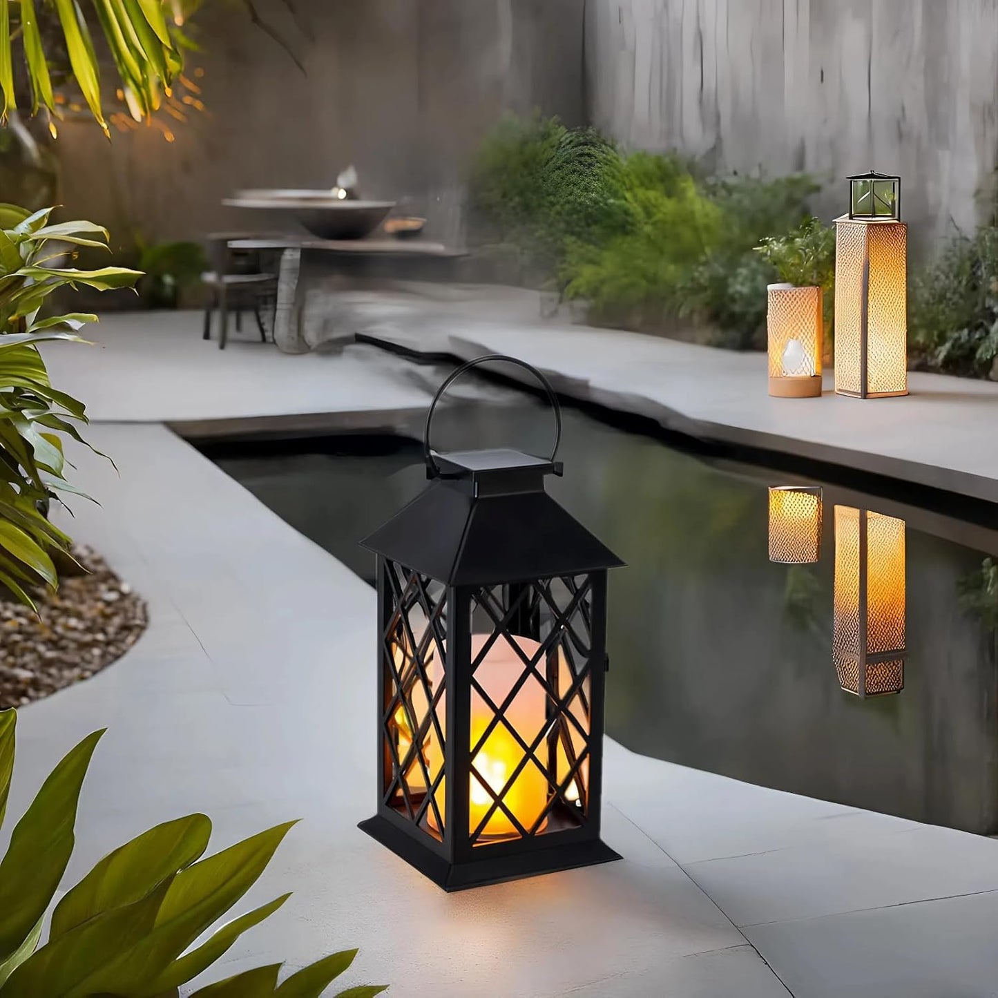 Simplelight 11 Inch Decorative Lanterns-IP44 Waterproof Outdoor Hanging Lantern, Battery Operated Decorative Lantern for Patio, Table, Fireplace with Timer, Black Color (1)