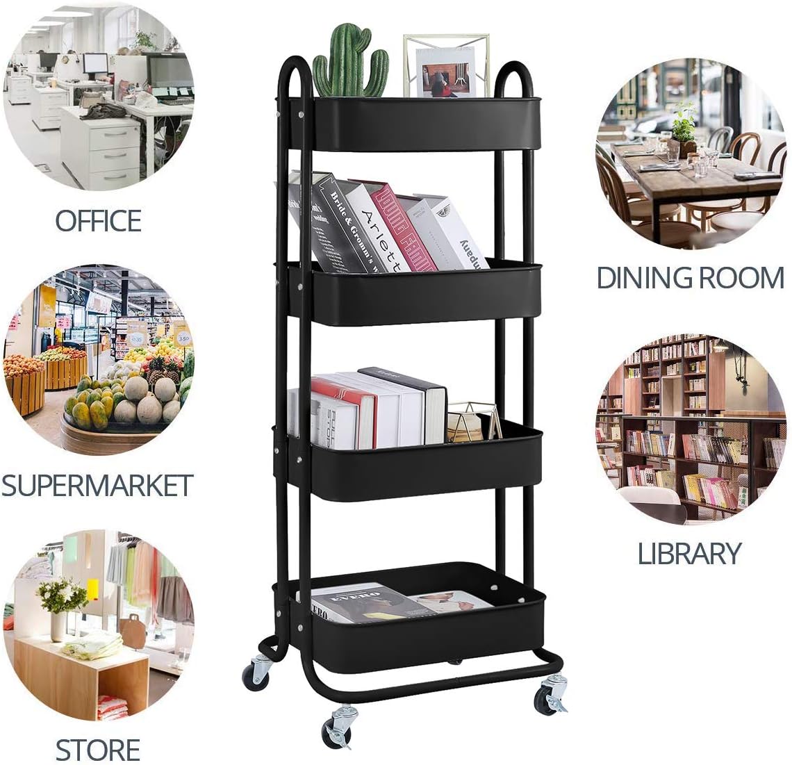 4-Tier Metal Mesh Utility Rolling Cart Storage Organizer Shelf Rack with Lockable Wheels for Living Room Kitchen Office, Black