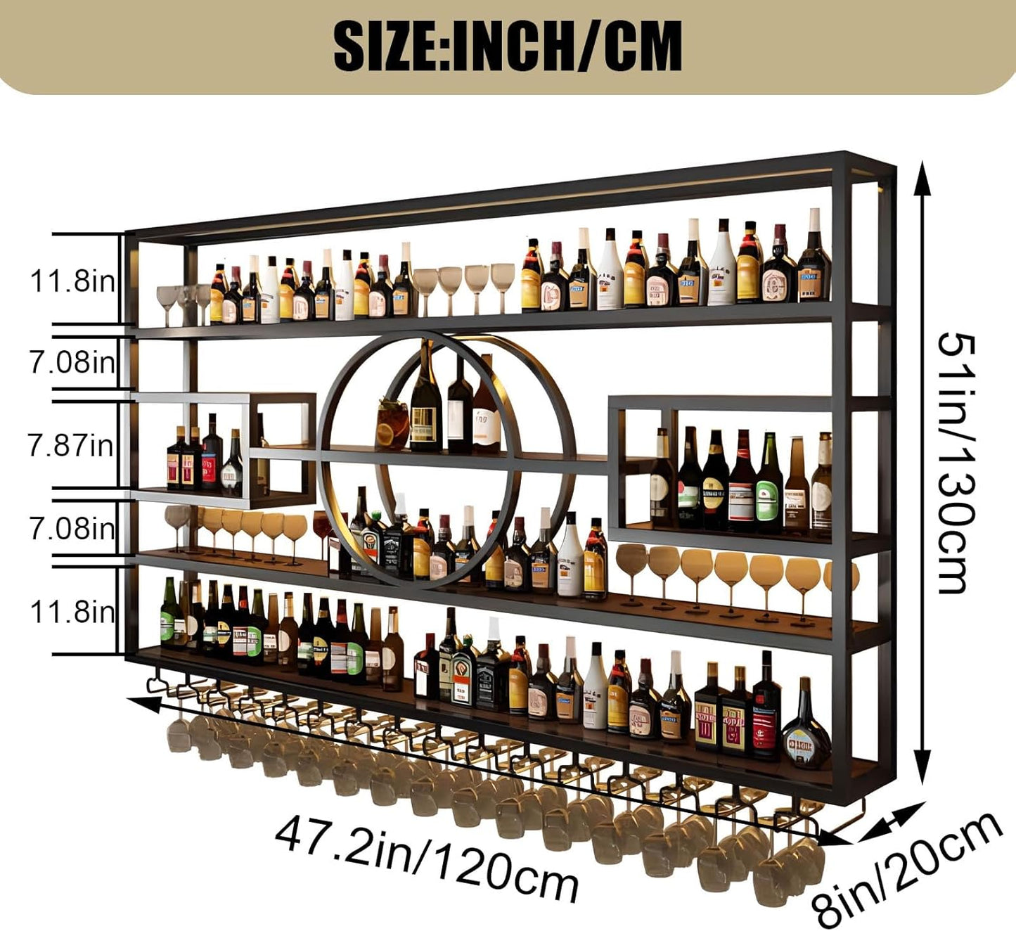 47.2in Wall Mounted Wine Rack, Modern Metal Wine Bottle and Glass Holder, Iron Display Stand Decorative Wine Rack, for Bar Living Room Dining Room Background (Black, 47.2 * 8 * 51INCHES)