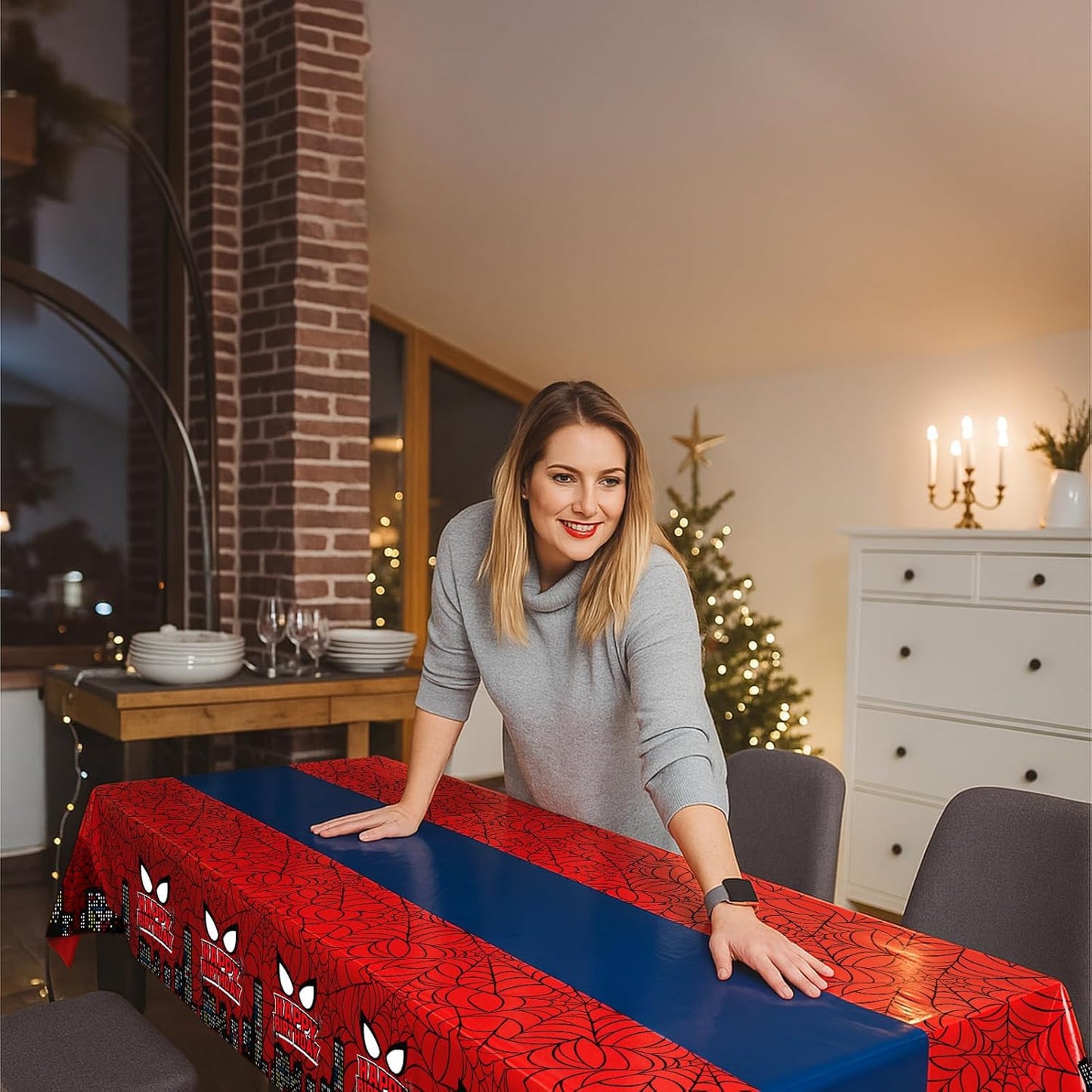 8Pcs 2in1 Spider Birthday Decorations Tablecloths, 54" x 108" Super Hero Spider Table Cloth Disposable Rectangle Plastic Table Cover for Boys Birthday Party Supplies