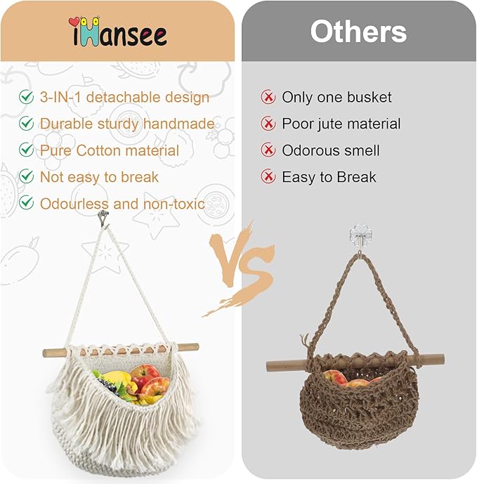 Hanging Baskets for Organizing, 3 Tier Detachable Wall Hanging Fruit Basket Over the Door Organizer for Fruit Vegetable Plant, Beige Boho Cotton Crocheted Fruit Holder for Kitchen Bathroom Bedroom