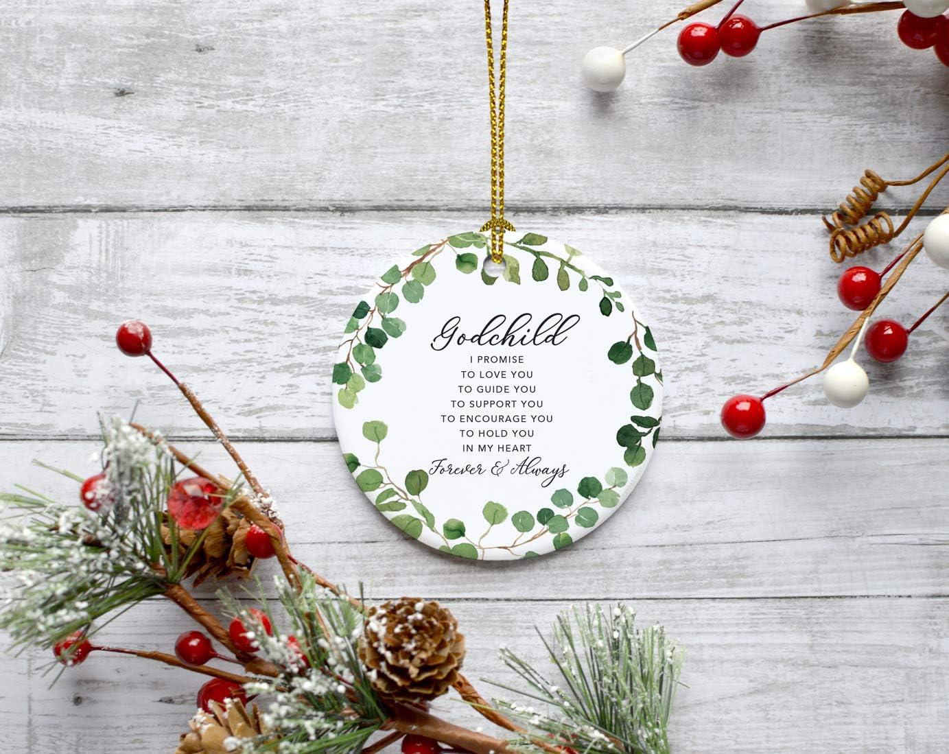 Andaz Press Round Ceramic Porcelain Christmas Tree Ornament Keepsake Collectible Gift, Godchild I Promise to Love You, Farmhouse Eucalyptus Wreath, 1-PackBaby Shower Baptism Christening Gift Ideas