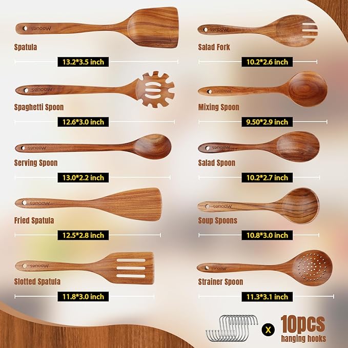 Wooden Spoons for Cooking, 10PCS Teak Wood Cookware Utensil Set with Hooks - Smooth Finish, Non-Stick, Comfortable Grip, Heat Resistant Kitchen Utensils