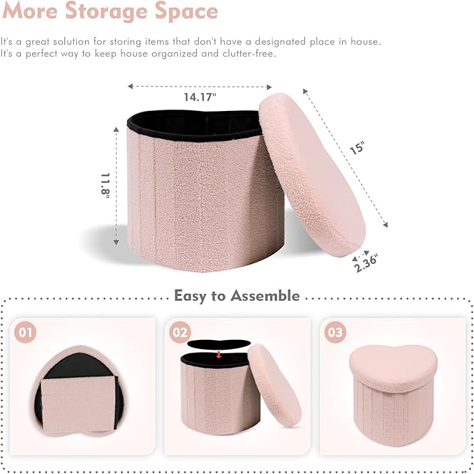 B FSOBEIIALEO Storage Ottoman Cube, Heart Shaped Ottomans with Storage Foot Stool Footrest for Lving Room, Boucle Ottoman Seat for Dorm Room,Faux Teddy Fur, Pink 15"x15"x15"