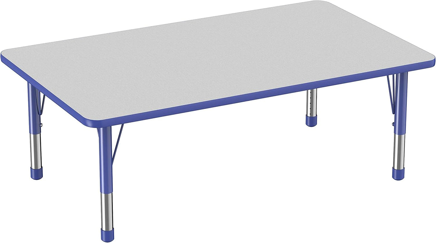 Factory Direct Partners FDP Rectangle Activity School and Classroom Kids Table (36 x 60 inch), Toddler Leg, Adjustable Height 15-24 inches - Gray Top and Blue Edge