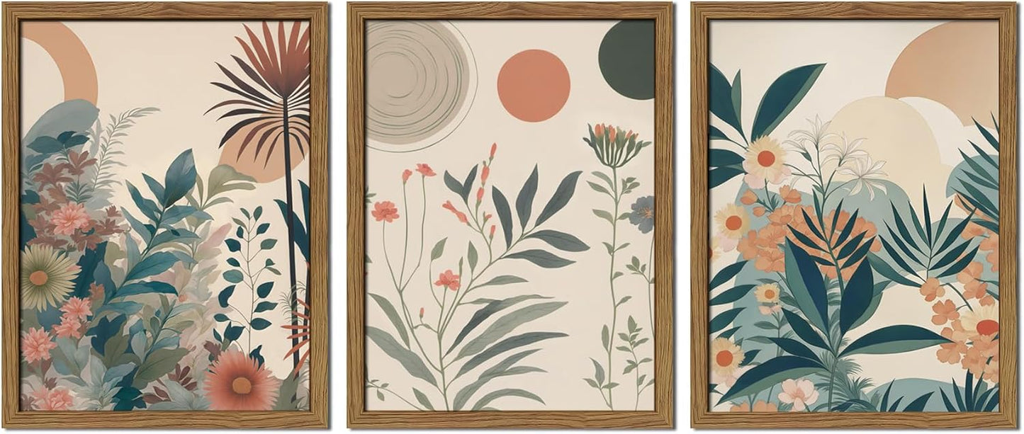 Marllifenney Wood Framed Orange Plants Canvas Wall Art Set of 3 Boho Botanical Wall Decor Abstract Floral Poster Modern Nature Prints Painting Picture for Living Room Bedroom Kitchen Office 16x24in
