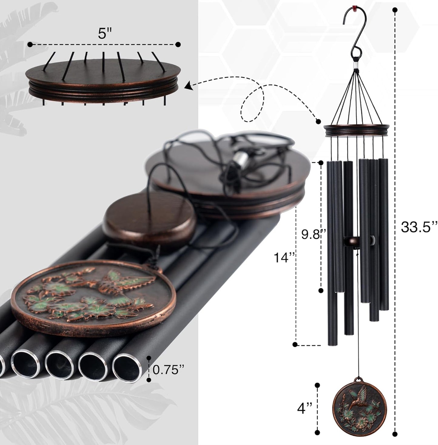 Vanquer Large Wind Chimes for Outside Deep Tone - 34'' Wind Chimes Outdoor Clearance, Windchimes Outdoors, Hummingbird Wind Chime,Sympathy Gift, Patio, Home Décor, Vintage Black (34" Hummingbird)