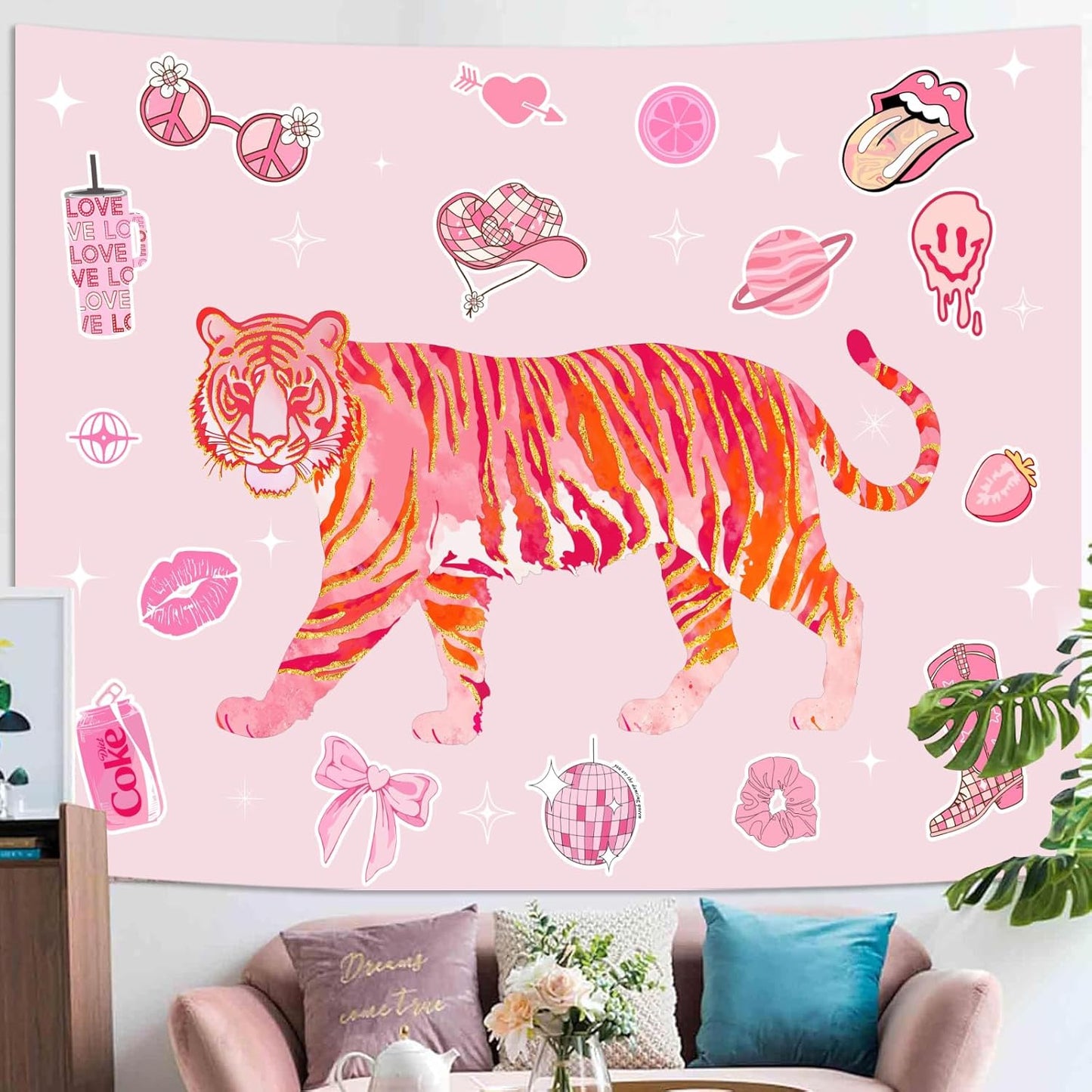 Lunerfex Y2K Tapestry Pink Tiger Wall Tapestry, Cute Tapestries for Bedroom Funny Tapestries Wall Hanging for Bedroom Living Room Decor Pink-3 44"x60"