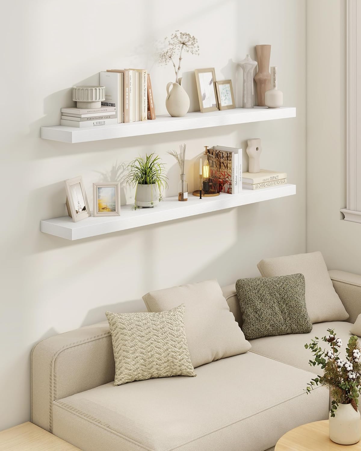 Marsmiles 55" Floating Shelves for Wall, Wooden Shelves with Invisible Brackets Set of 2, Rustic Farmhouse Wall Mounted Shelf for Kitchen Bathroom Living Room Study, White