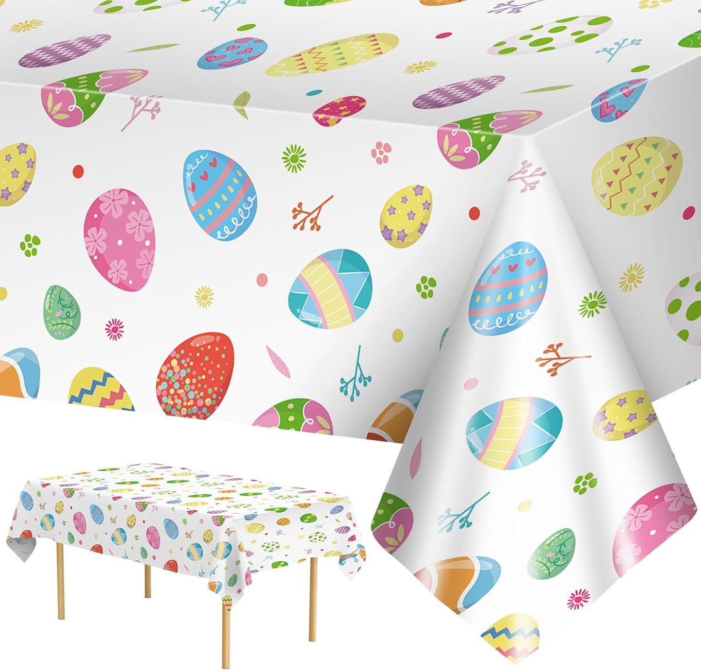 2 Pack Easter Tablecloth - Colorful Easter Eggs Table Cloth, Plastic Disposable Rectangle Spring Easters Egg Table Cover for Easters Tables Decorations and Party Supplies Decor Favors, 108 x 54 Inch