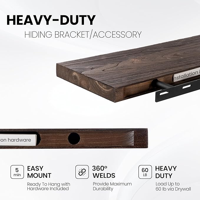 55 Inch Floating Shelves, Live Edge Elm Wood Floating Shelf for Wall, Wall-Mounted Display Shelves with Invisible Heavy-Duty Bracket, Long Floating Shelf for Kitchen, Living Room, Walnut Finish