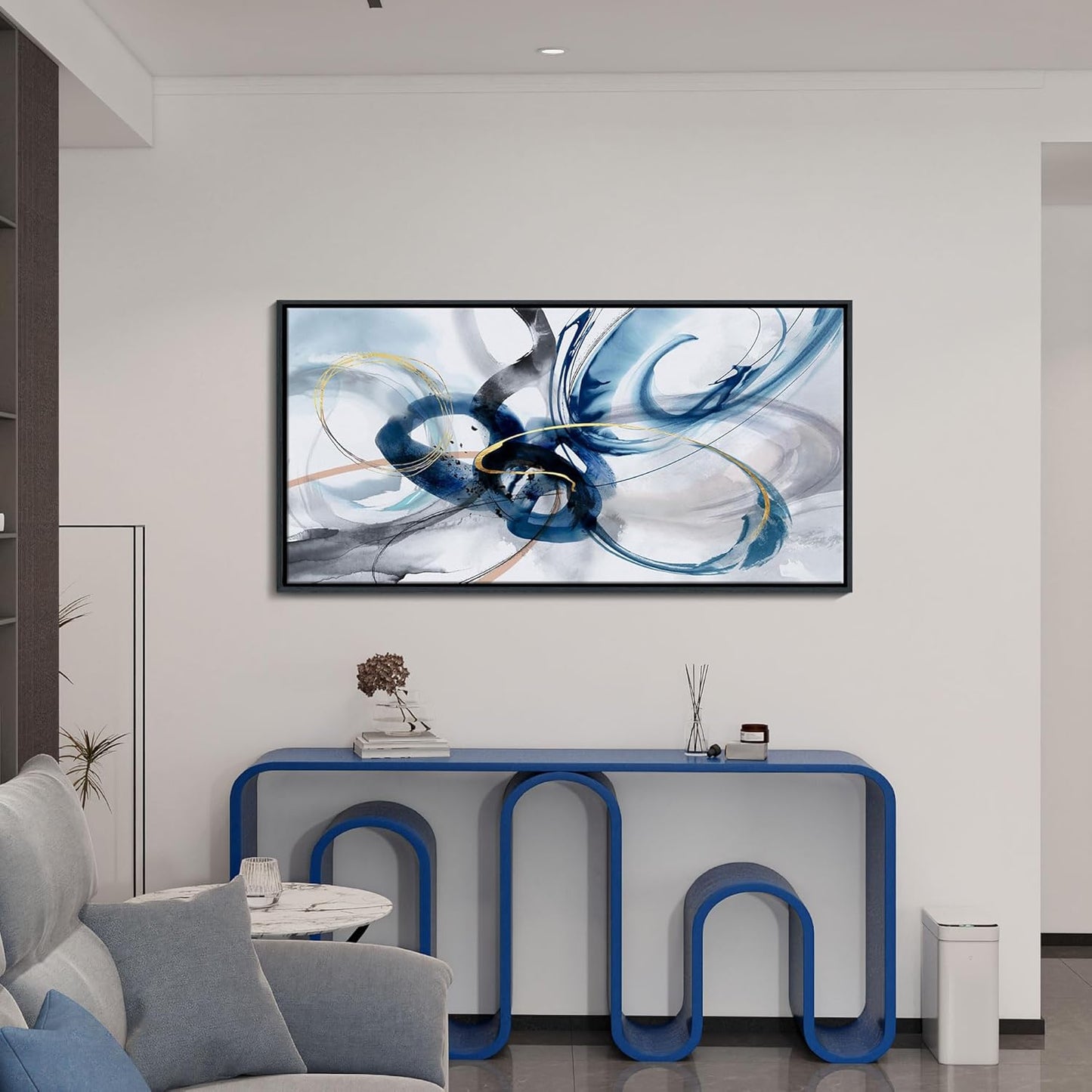 KLAKLA Large Wall Art for Living Room - Abstract Wall Decor Framed Picture Artwork for Wall Decorative Paintings Blue and White Modern Office Bedroom Art