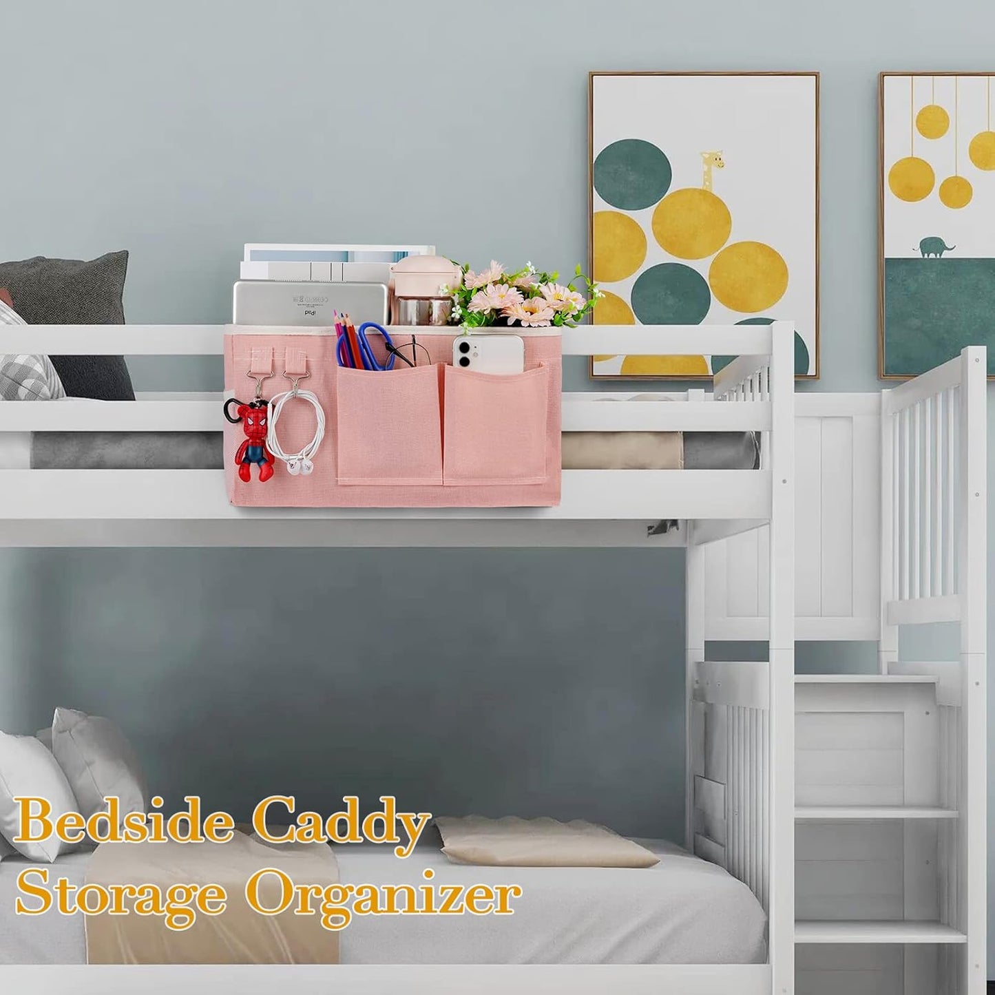 Bedside Storage Caddy/Bedside Hanging Storage Bag for Headboards Bunk Beds Dorm Rooms Book Phone Magazine Holder (Light Pink)