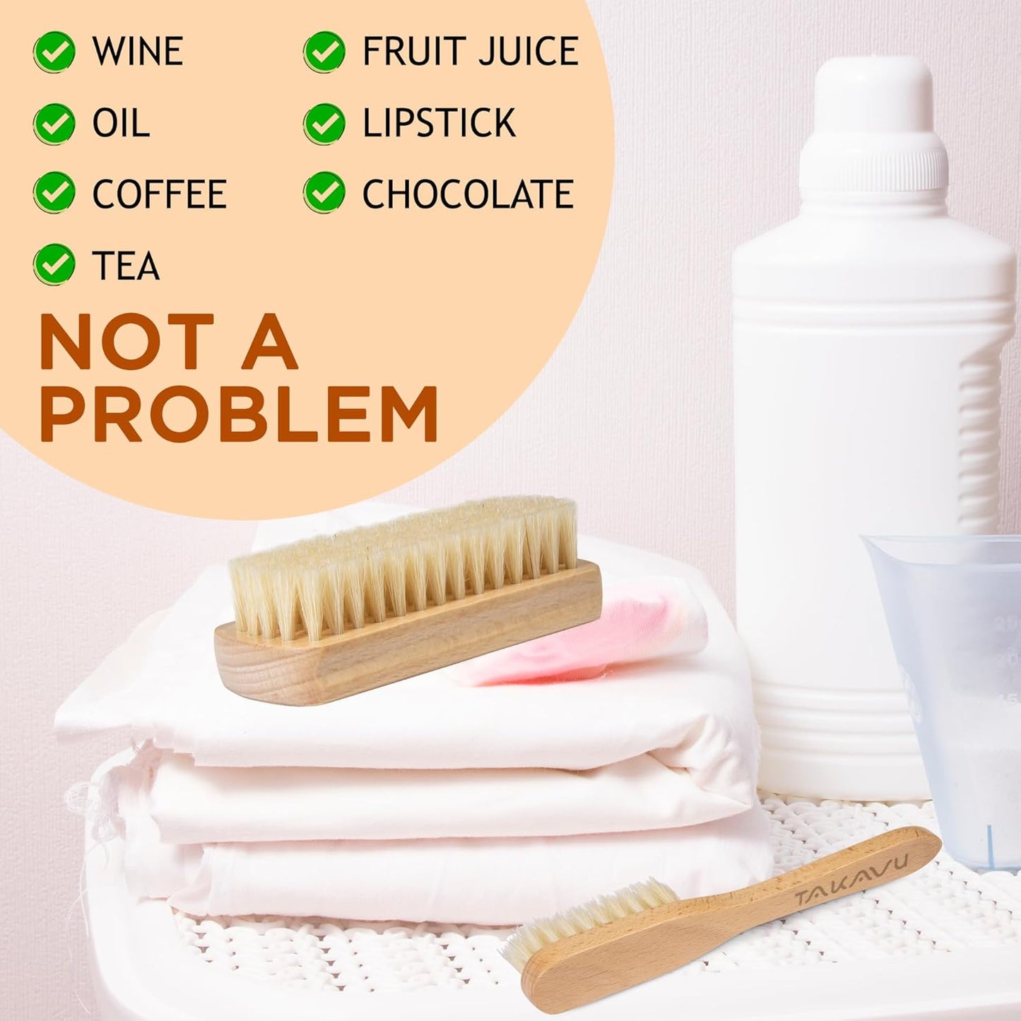 Boar Bristle Laundry Stain Brush Set by TAKAVU, Stiff Pure Boar Bristle for Scrubbing Out Tough Stains on Delicate Fabrics Knits Cotton Leather Washable Fabrics