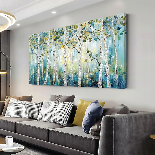 LASMOND Abstract Teal Grove Canvas Paintings Prints Modern Tree Wood Artwork Decor Wall Art for Living Room Bedroom Offices (46x23 Inches)