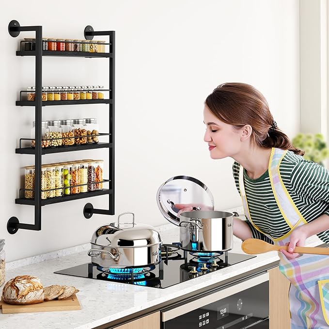 IBUYKE Spice Rack Wall Mount,4 Tier Hanging Seasoning Organizer, Spice Rack for Wall for up to 50 Jars,Spice Organization for Kitchen Cabinet,Living Room,Bathroom,Pantry,Black UTLJ016B