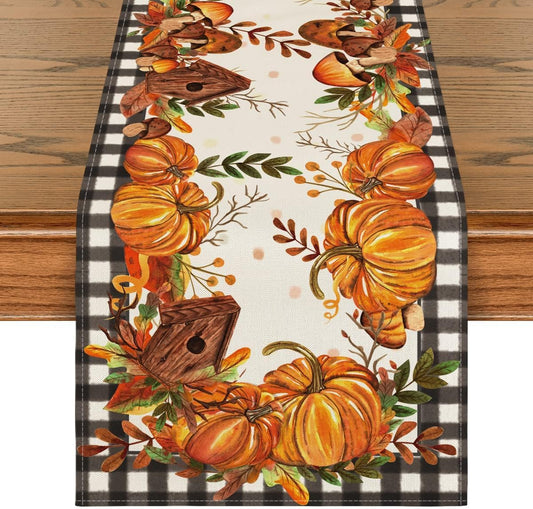 Artoid Mode Buffalo Plaid Pumpkins Mushrooms Birdhouse Leaves Table Runner, Seasonal Fall Harvest Vintage Kitchen Dining Table Decoration for Indoor Outdoor Home Party Decor 13 x 108 Inch