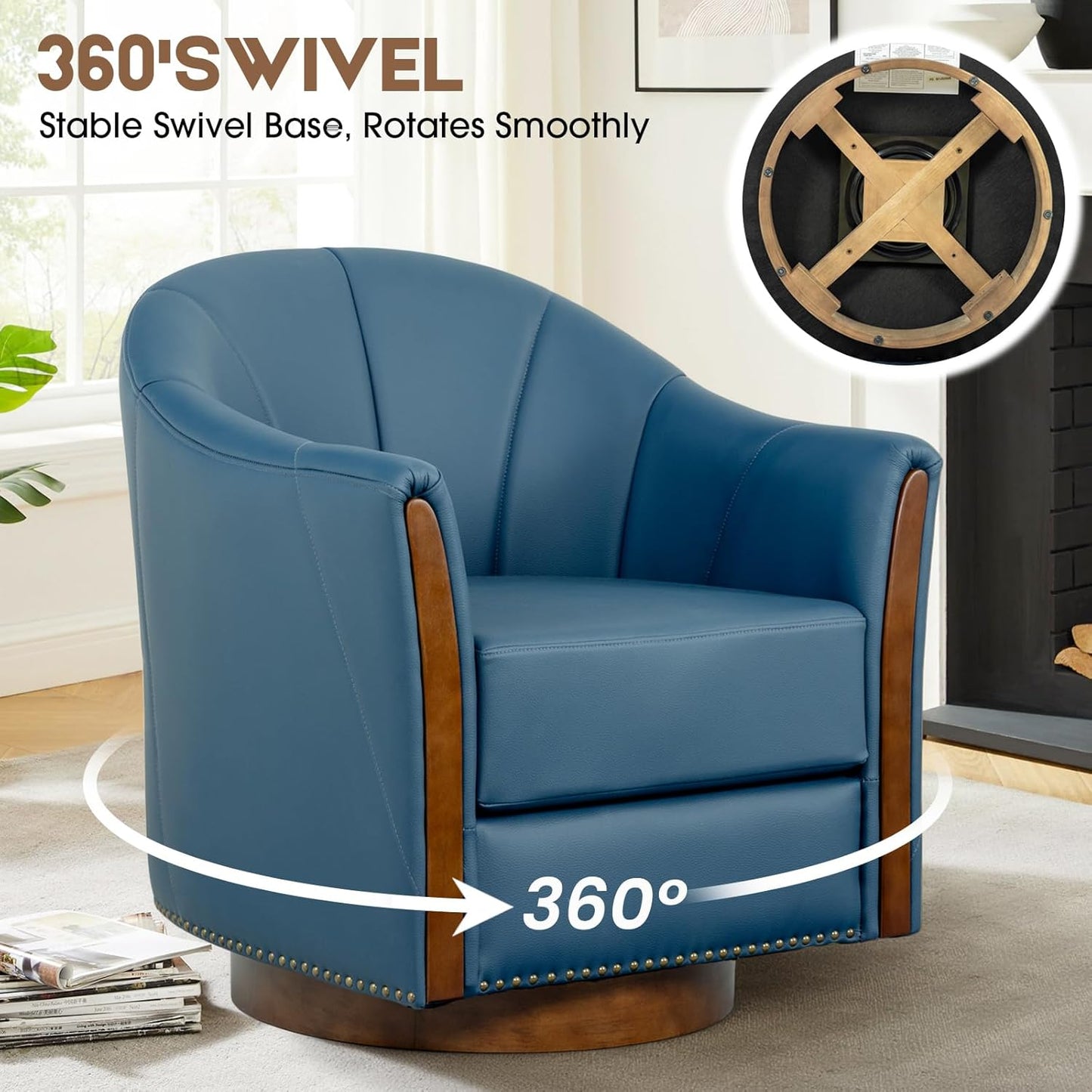 360° Swivel Accent Chair, Modern Leather Barrel Club Chair with Leather Upholstery and Sturdy Wood Base, Comfortable Armchair for Living Room, Bedroom, Reading Nook, Blue