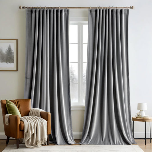 MIULEE Grey Velvet Curtains 96 inches Long 2 Panels - Luxury Pinch Pleated Room Darkening Window Drapes for Bedroom Living Room Thermal Insulated Super Soft Blackout, Back Tab Rod Pocket Gray