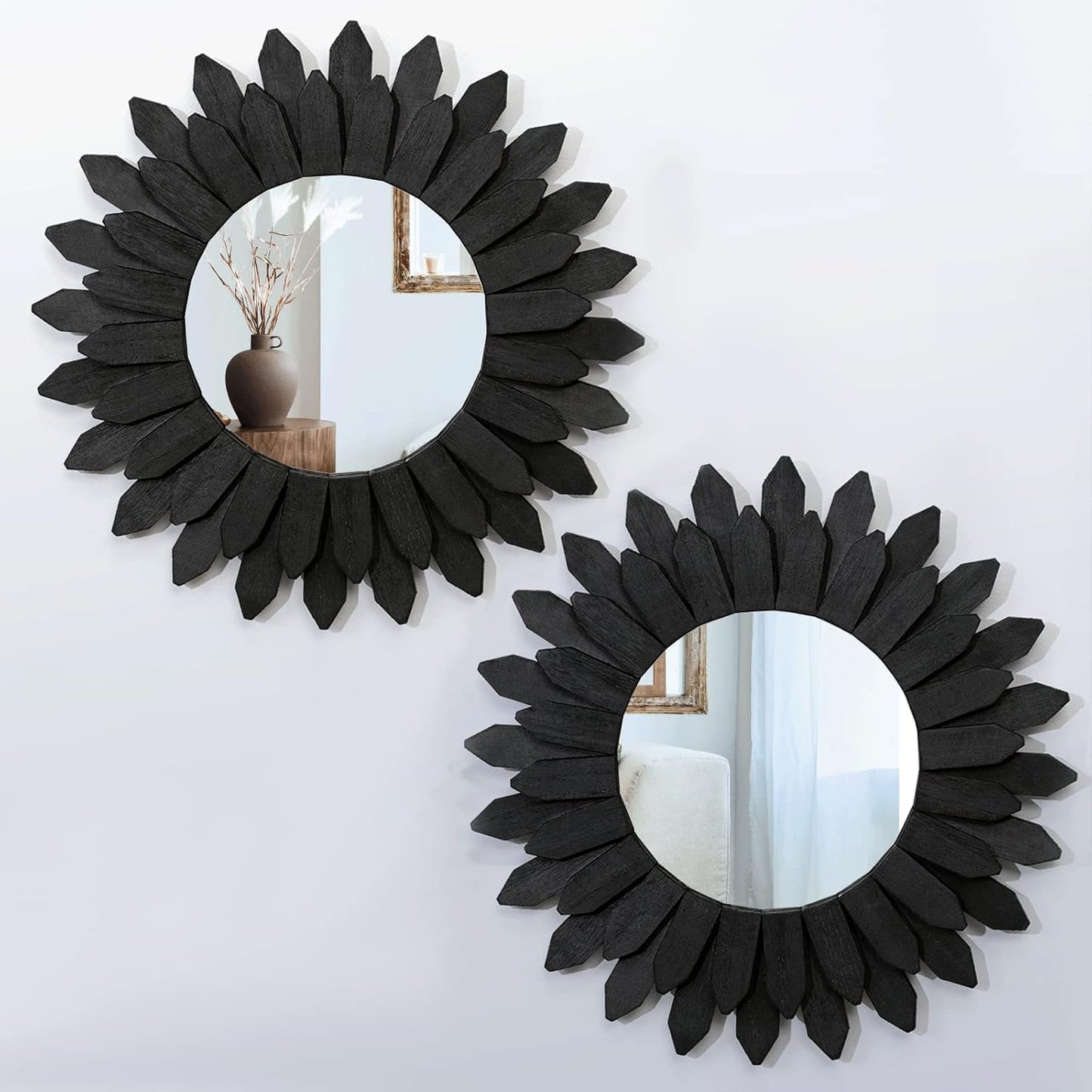Honiway Boho Wall Decor Mirrors for Wall 2 Pack 12 inch Wood Decorative Mirror for Room Decor Rustic Farmhouse Mirror for Bedroom Bathroom Living Room Kitchen Black