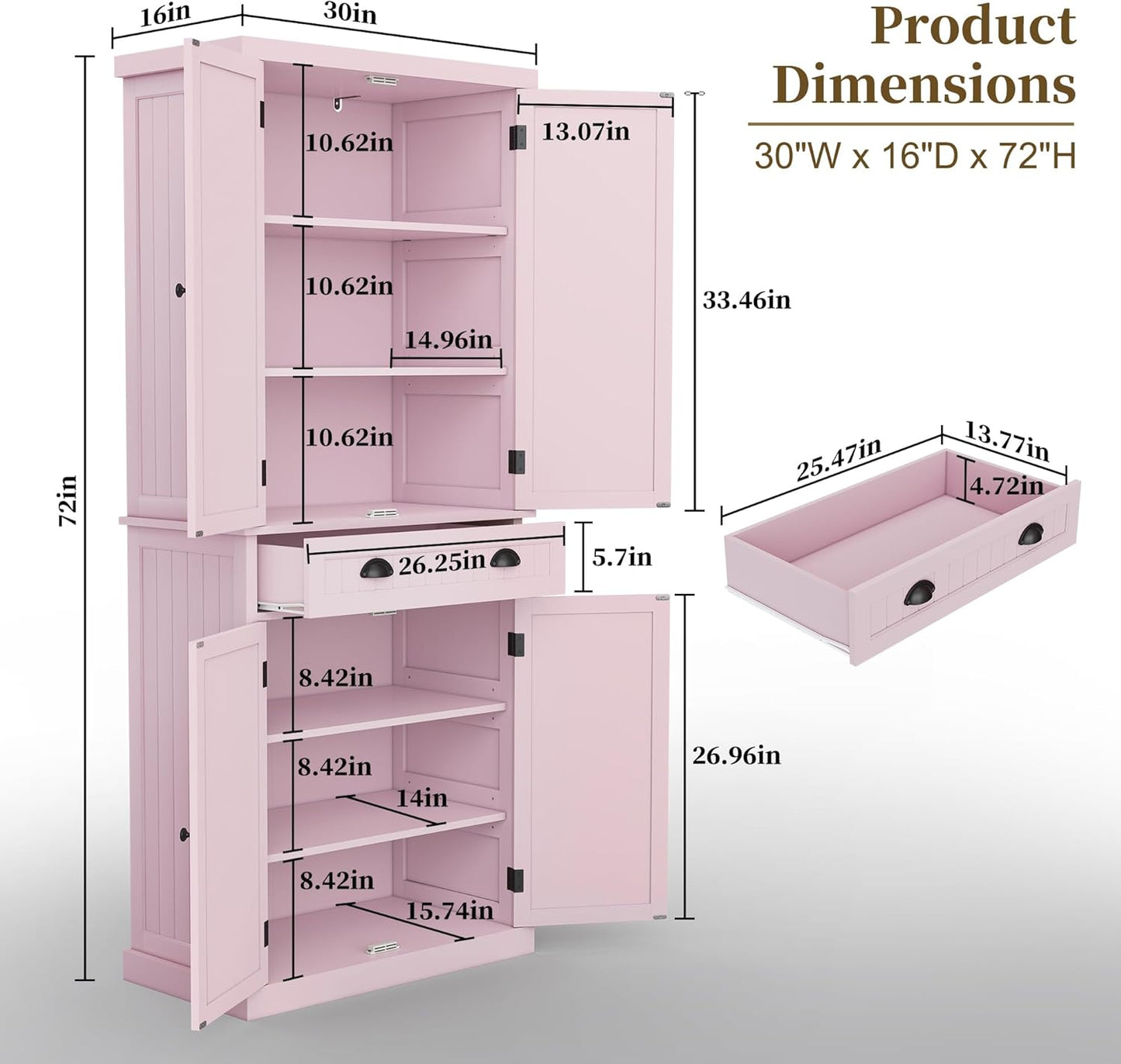 ARTPOWER 72" Tall Kitchen Pantry Storage Cabinet with Drawer and Adjustable Shelves, Pantry Cabinet for Kitchen, Bathroom or Hallway, Pink