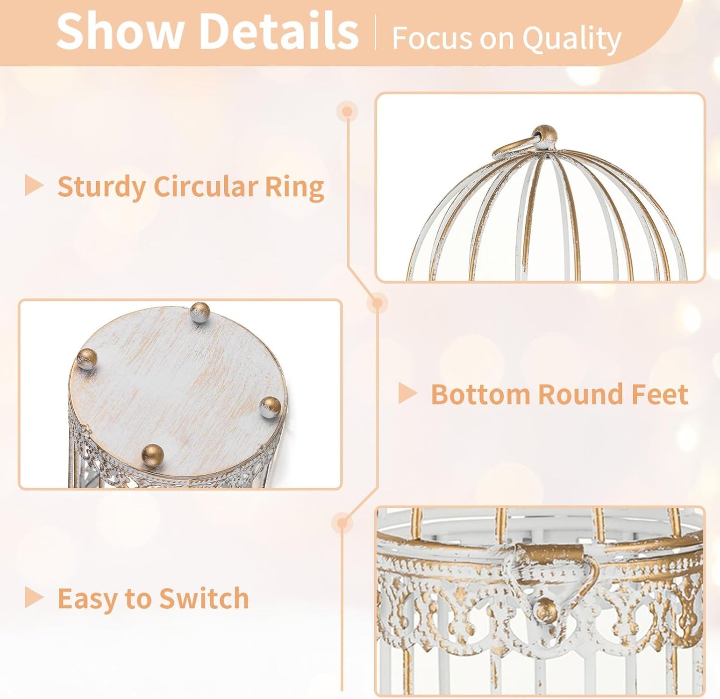 NUPTIO Tea Light Candle Holders: 2 Pcs 6 inch H Distressed White Bird Cage Lantern Centerpiece Hanging Metal Birdcage Tealight Votive Holder for Home Fireplace Dining Table Living Room Decoration