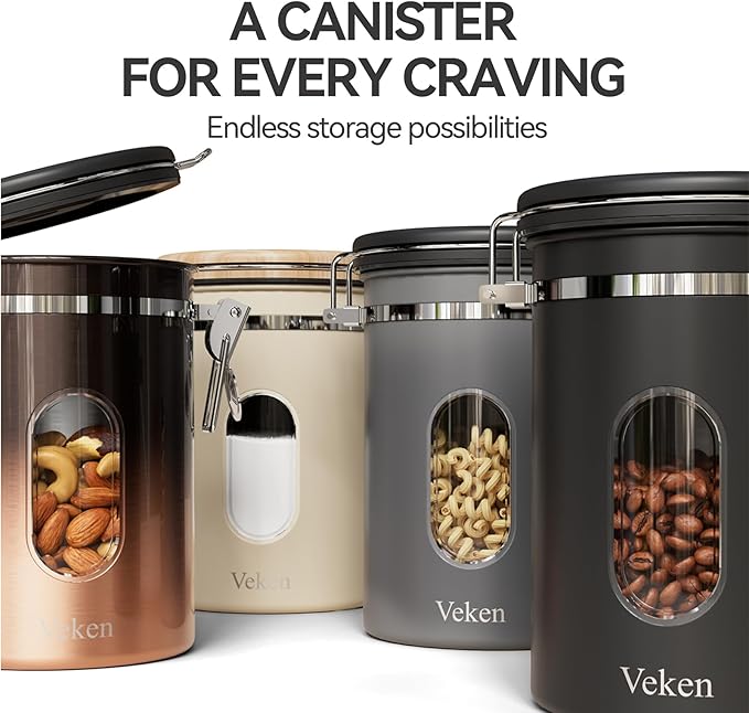 Veken Coffee Canister with Window, Airtight Stainless Steel Kitchen Food Storage Container with Date Tracker and Scoop for Grounds Coffee, Beans, Tea, Flour, Cereal, Sugar, 22&16OZ,Black