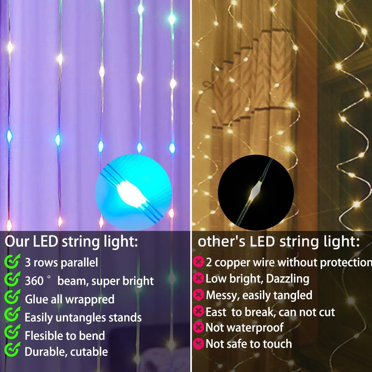 QINER LED Curtain Lights Indoor, 9.8 FT x 9.8 FT 300 LED with USB APP Control, Multiple Modes Selection, Smart Curtain Light for Bedroom, Wedding,Valentine's Day, Party