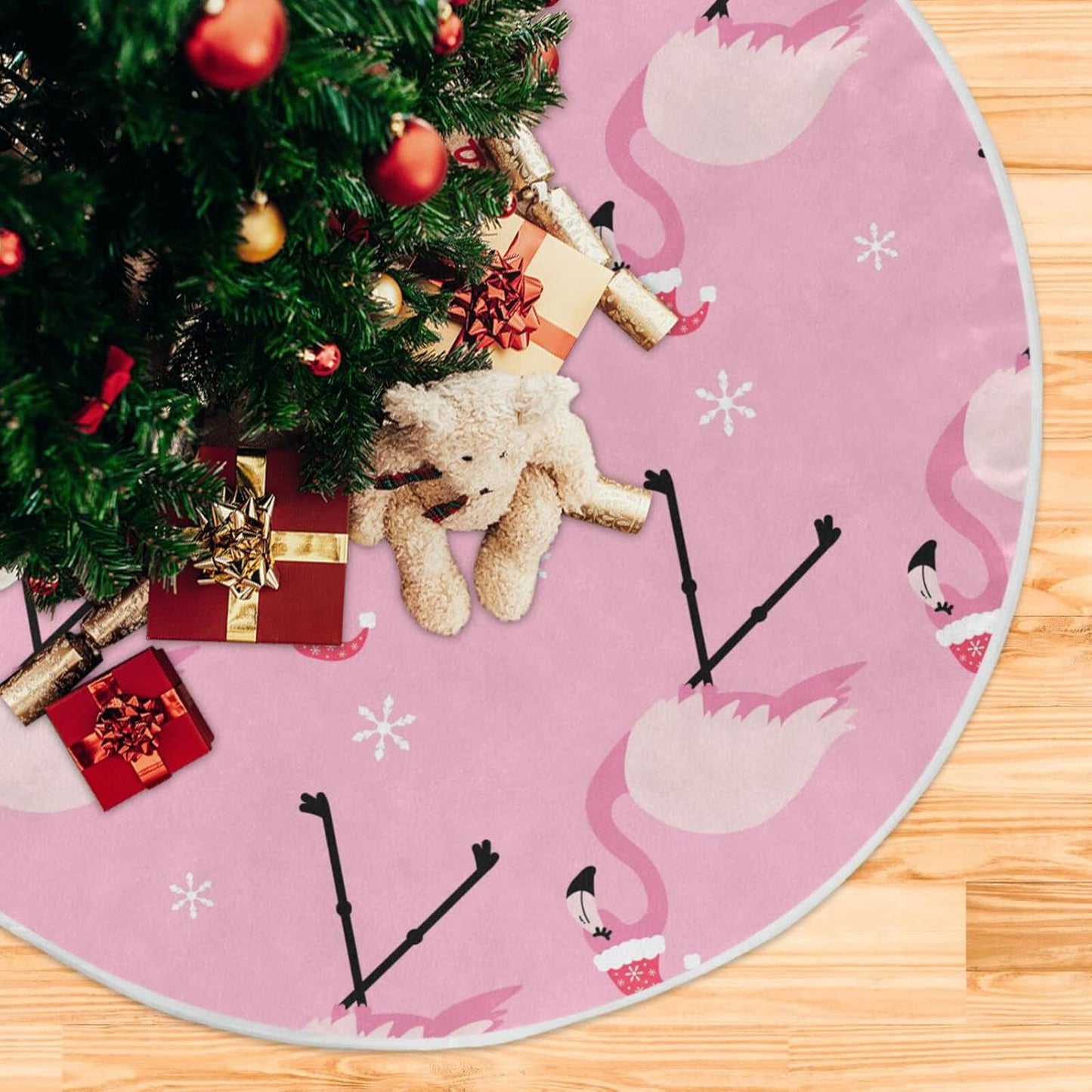 Christmas Pink Flamingo Tree Skirt, Seasonal Tree Mat Holiday Party Supplies Ornaments Indoor Outdoor Decorations for Tabletop Trees 35.4 Inches