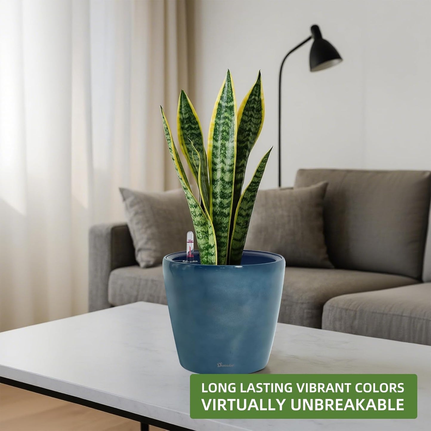 Dexceder 11x10 Inches Self Watering Planter Indoor Outdoor, Inner Pot Design, Thickened Table Flower Plant Pot with Water Level Indicator (Grayish Green Gradient)