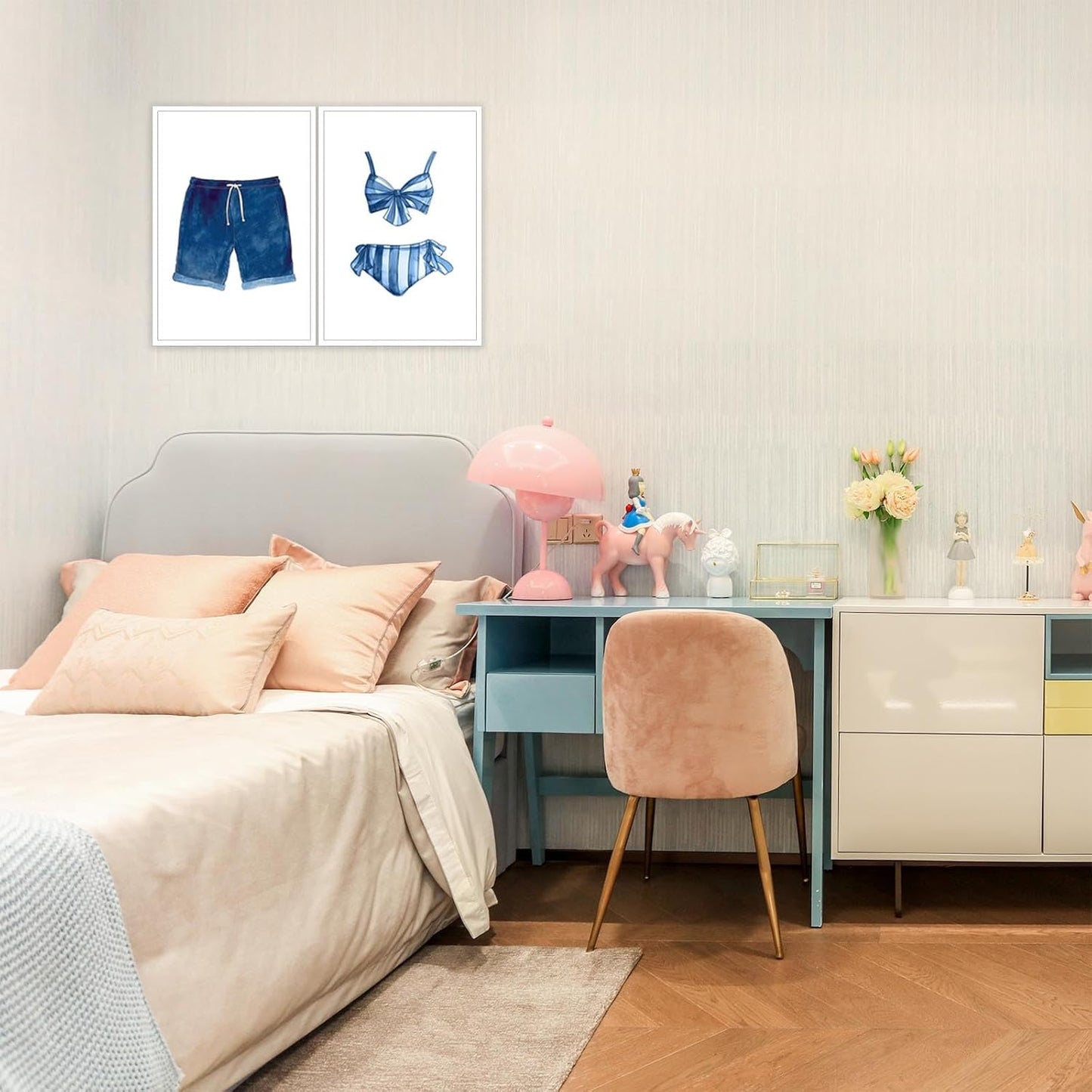 Liyark Set of 2 Retro Navy Blue And White Swimsuit Art Posters Beach Bathing Suit Prints Painting Beach House Wall Art Coastal Wall Decor Pictures For Bathroom Home Decoration 24x36in Unframed