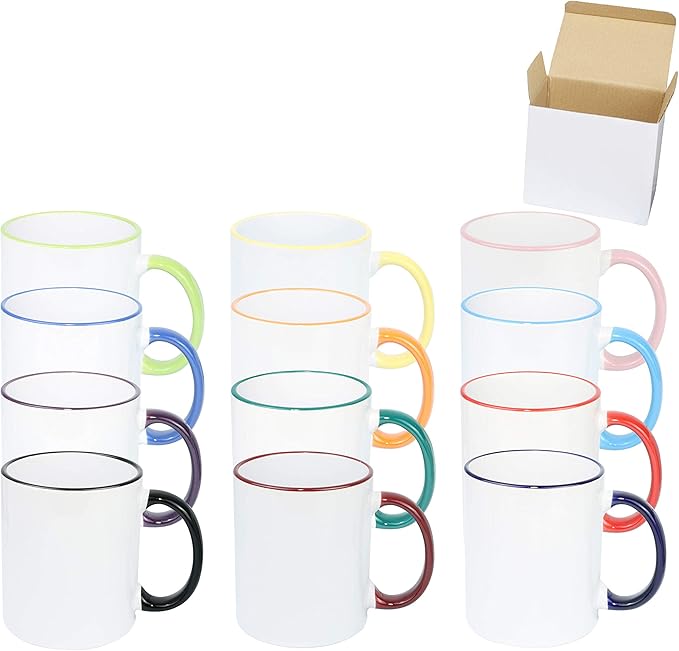 11oz White Ceramic Sublimation Coffee Mug in White Gift Box, 12 Mixed Colors Banded, Case of 12