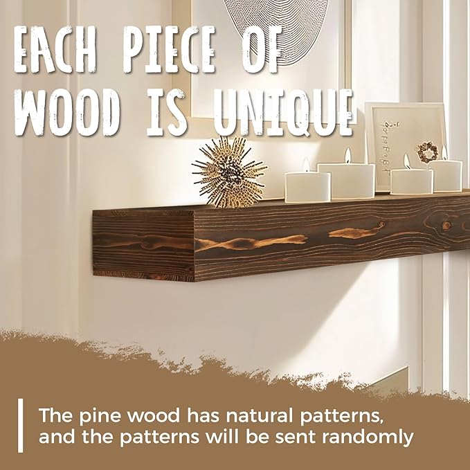 60x8x3 Fireplace Mantel - Handcrafted Hollow Rustic Solid Wood Wall Mounted Floating Shelf with Invisible Heavy Duty Wood Bracket (Weathered Brown)