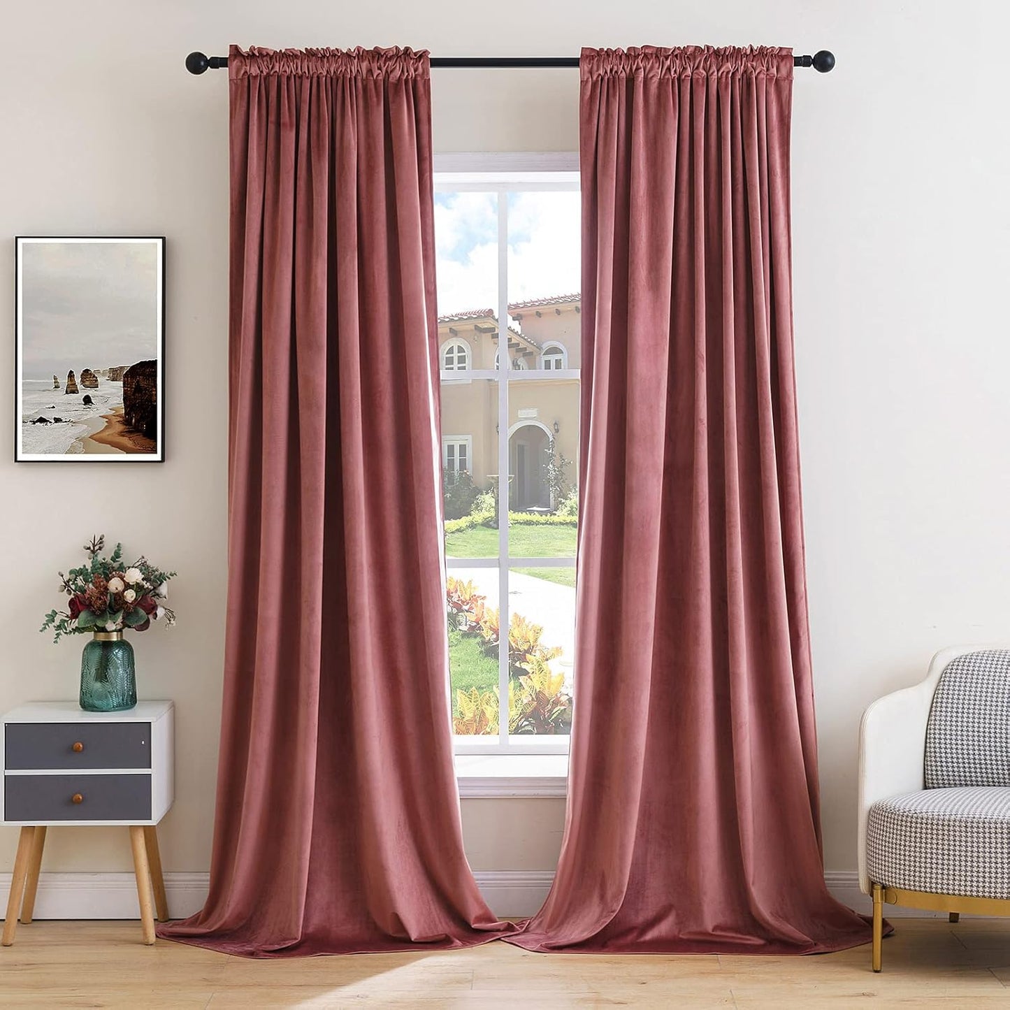 MIULEE Dusty Rose Pink Velvet Curtains Thermal Insulated Blackout Curtain Drapes for Bedroom Living Room Darkening 90 Inches Long Curtains Panels Rod Pocket Set of 2