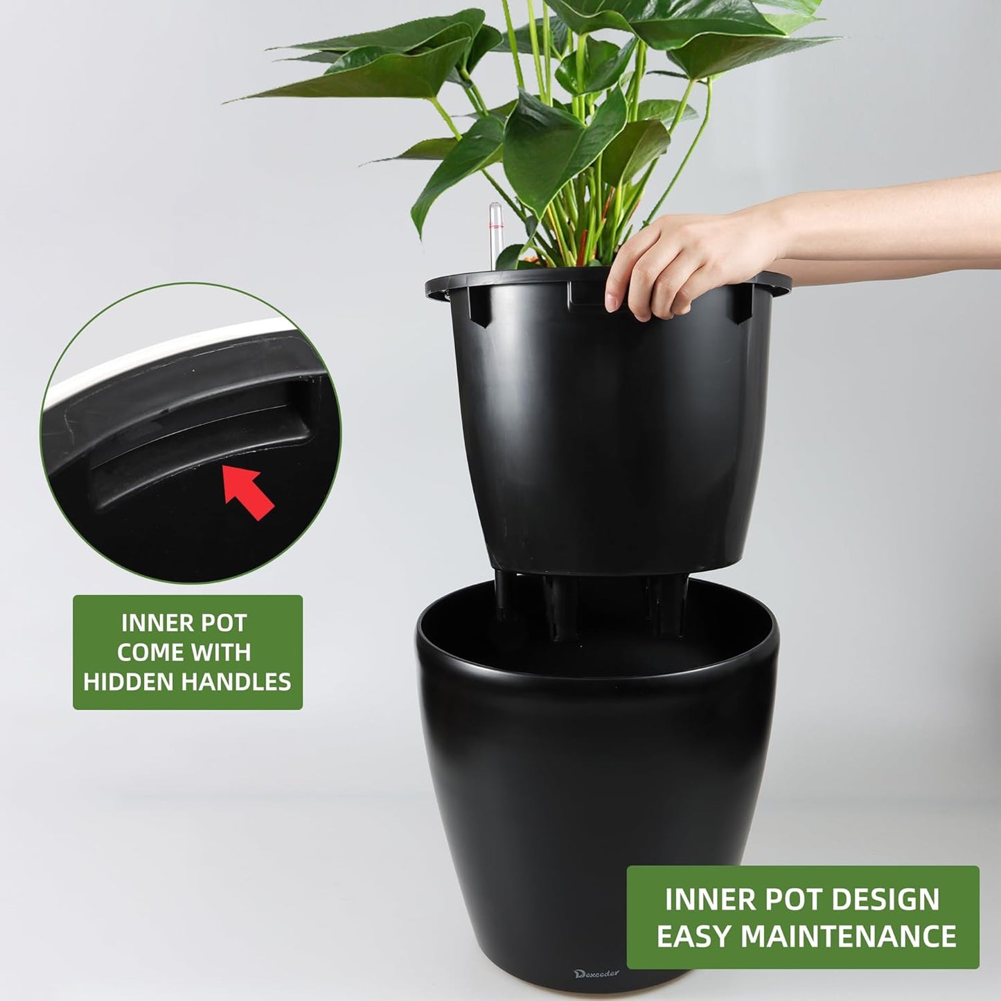 Dexceder 15x14 Self Watering Planter with Wheels Indoor Outdoor, Inner Pot Design, Thickened Large Floor Standing Flower Plant Pot with Water Level Indicator (Black Matte)