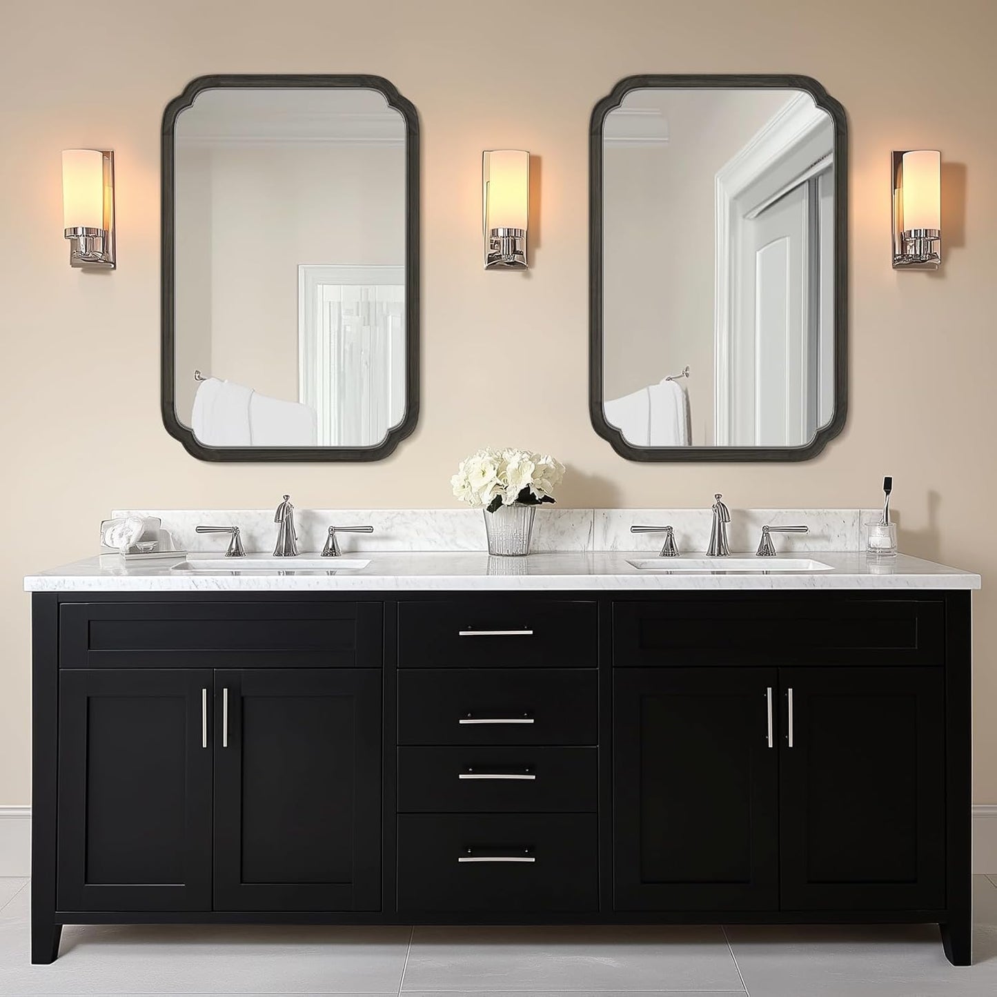 WallBeyond 24" x 36" Rounded Corner Arch Wall Mirror with Wood Frame for Entryway, Living Room or Bedroom Home Decor - Light Woodgrain [24" x 36" Black]