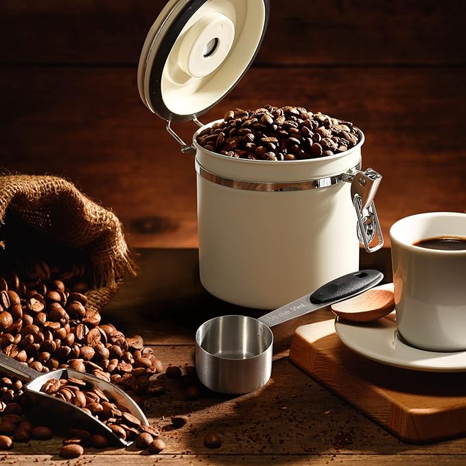 ShanSon Coffee Canister Airtight Coffee Container Stainless Steel Coffee Bean Storage Container with Scoop Coffee Canister for Beans Grounds Sugar Flour Tea Cereal,11OZ, Beige