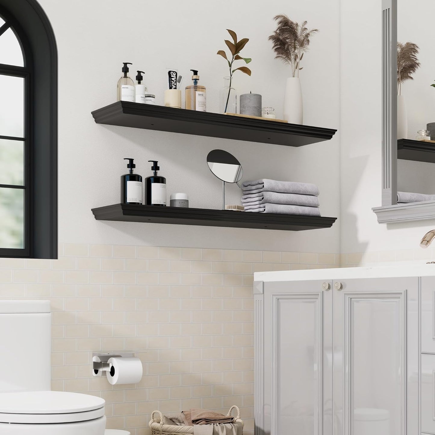 Floating Shelves for Wall, 36 Inch Long Wall Mounted Black Hanging Shelf for Kitchen, Living Room, Office, Bedroom, Bathroom, Retro Vintage Wood Bookshelf for House Decor