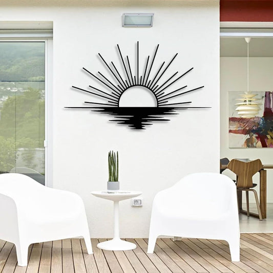 Sunrise Metal Wall Art, Metal Sun Wall Decor, Metal Sun Outdoor Decor, Large Metal Sun Wall Art, Sun Wall Art, Boho Sun Wall Art, Sunshine Metal Sign, Living Room Bedroom Wall Hangings (Black, 35"x 20"| 90x53cm )