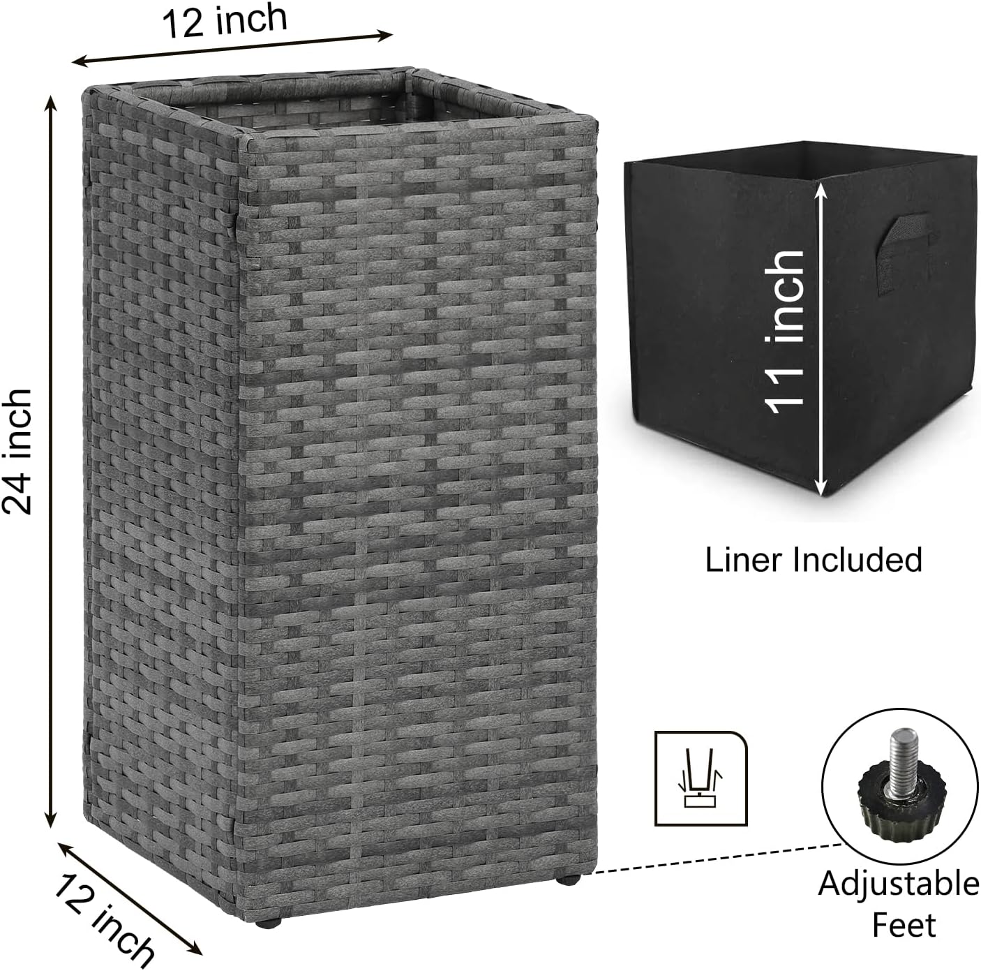 SUNNYPARK 2 Pack Tall Planters for Outdoor Plants Rattan Modern Tall Square Planter Box with Removable Liners Indoor Outdoor Porch Patio Flower Pot (12’’ x 12’’ x 24’’)