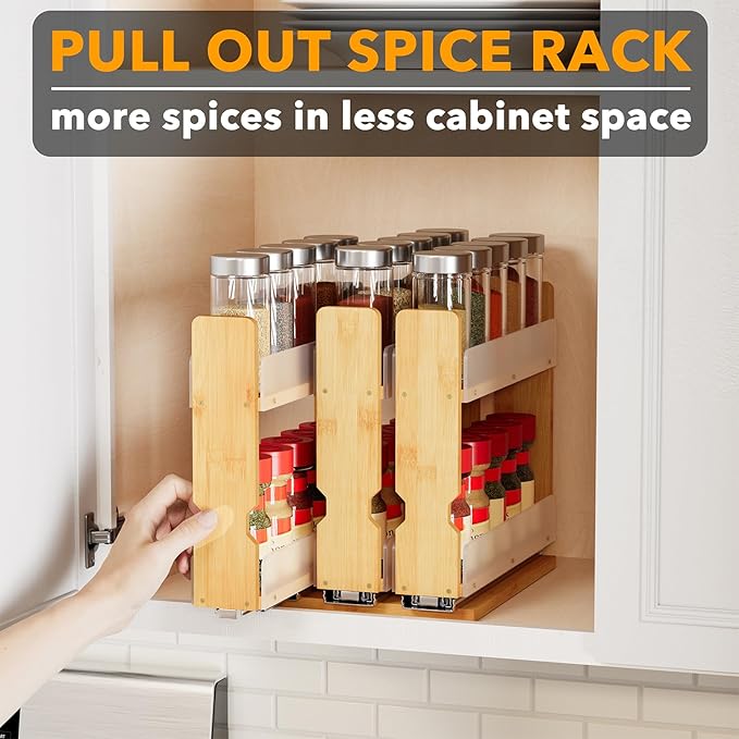 SpaceAid Bamboo Pull Out Spice Rack Organizer for Cabinet, Heavy Duty Slide Out Seasoning Kitchen Pantry Sliding Vertical Organization, 7.6" Wide, 3 Drawers(2" Wide), 2-Tier, Natural