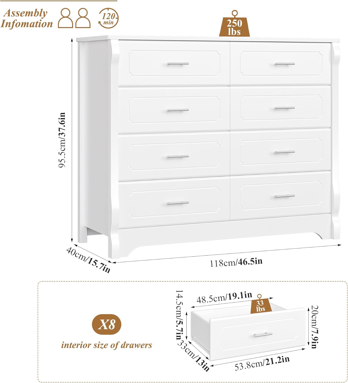 HITHOS White 8 Drawer Dresser for Bedroom, 47" Wood Dresser & Chest of Drawers, Modern Double Storage Cabinet with Deep Drawers | Metal Handles for Living Room, Hallway, Entryway