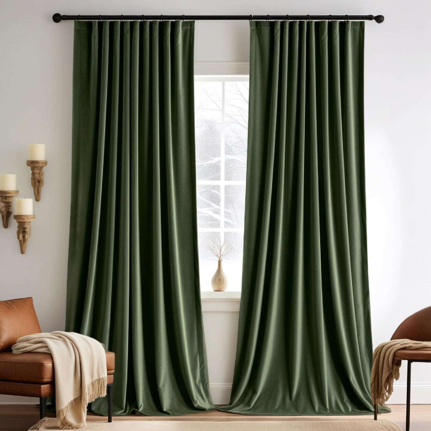 MIULEE Olive Green Velvet Curtains 120 inches 2 Panels - Pinch Pleated Luxury Room Darkening Curtains for Bedroom Living Room Thermal Insulated Super Soft Window Drapes Rod Pocket, W52 x L120 inch