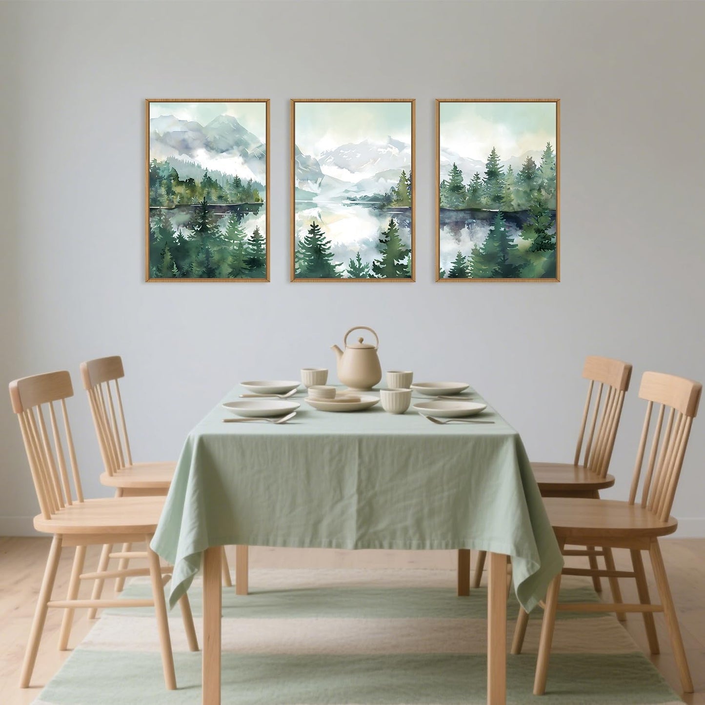 Celestdeco Watercolor Mountain Framed Canvas Wall Art Set, Boho Forest Wall Decor, Nature Green Pines Wall Painting, Forest Wilderness Artwork for Living Room, Bedroom, Dining Room, Office - 24"x36"x3