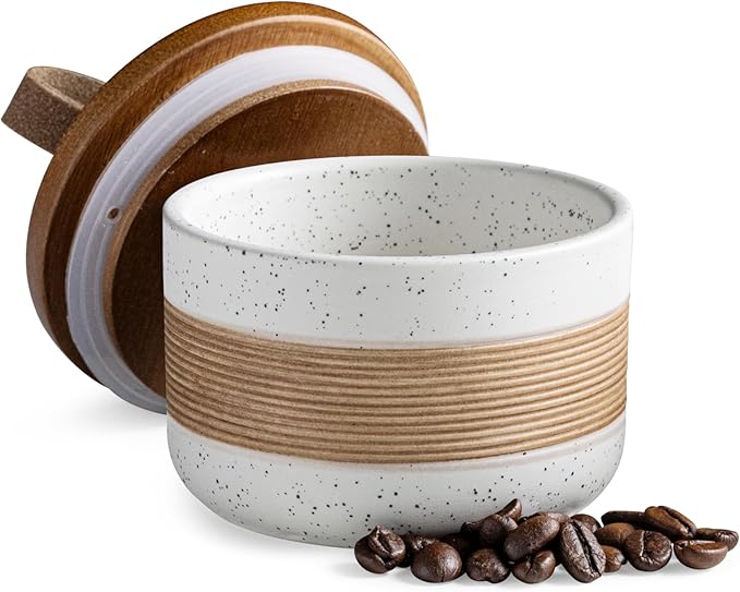Small Ceramic Jar with Lid, Coffee Container Canister Kitchen Food Storage Jars for Spice Sugar Tea Bag, Stackable Decorative Jars for Countertop, White & 5oz