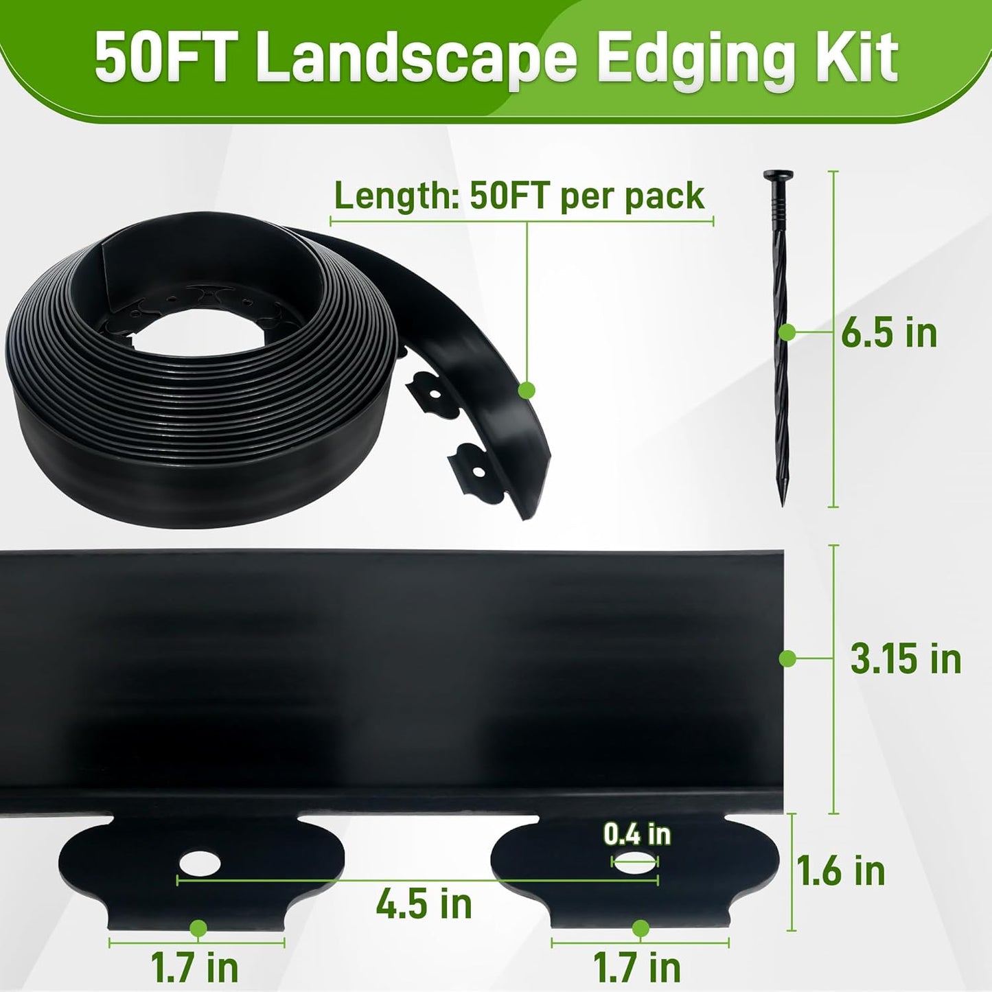 3.15" x 50' No Dig Landscape Edging, Plastic Garden Edging Borders with 45 Anchoring Spikes, Flexible Lawn Edging for Landscaping Garden Flower Beds Grass Yard Paver Pathway, Black