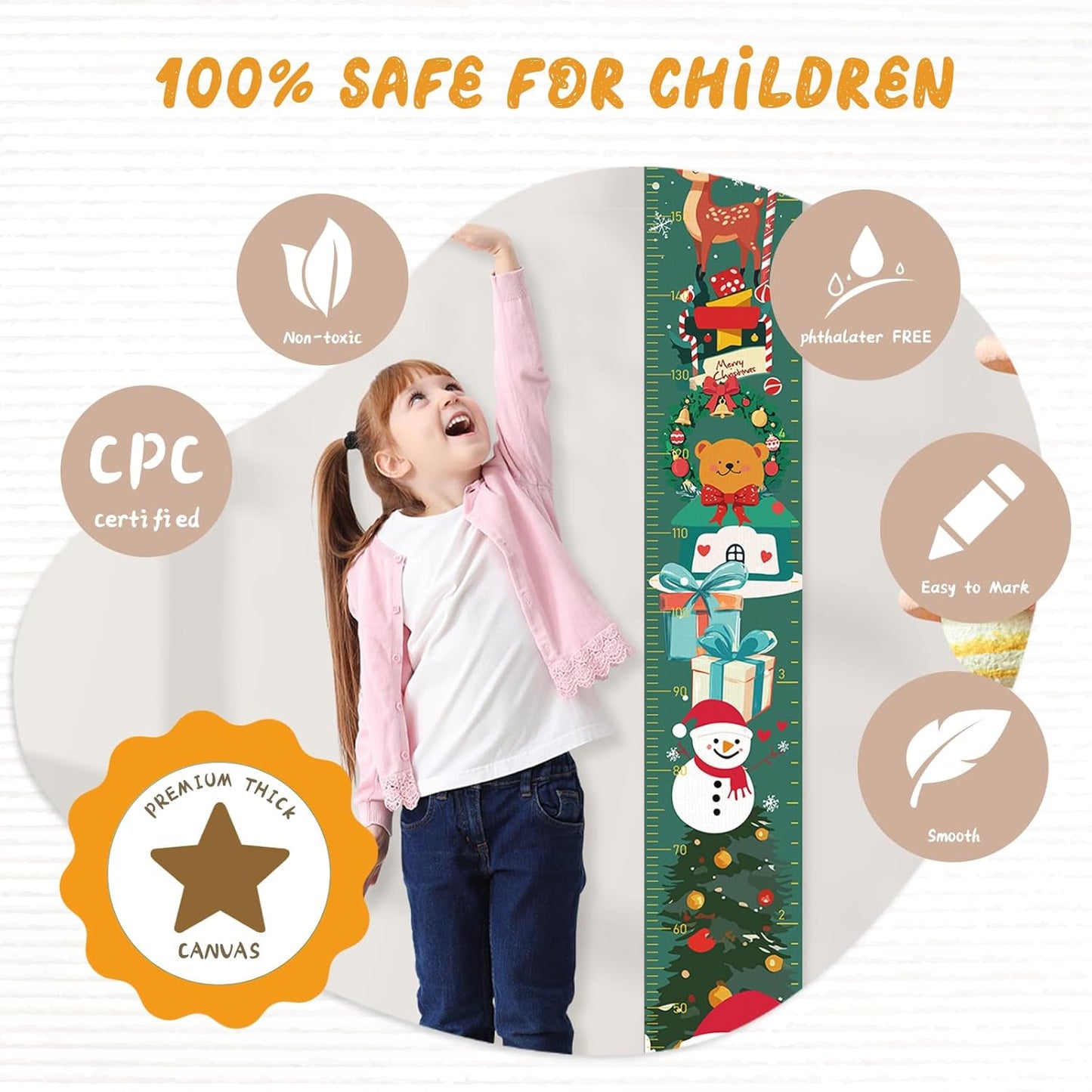 Personalized Name Growth Chart Wall Decor for Kids – Canvas Removable Height Chart Measuring Ruler 59" x 7.9" （Christmas Deer）