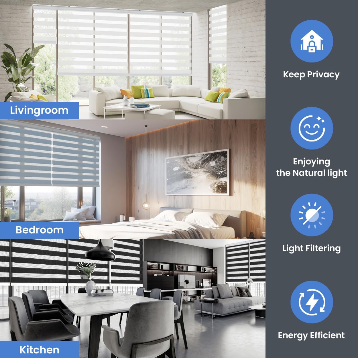 Foiresoft Standard Zebra Roller Blinds for Windows [W39 x H64 Inch, White, Basic], Light Filtering Dual Layer Shades for Bedroom, Living Room, Office, 13 Colors