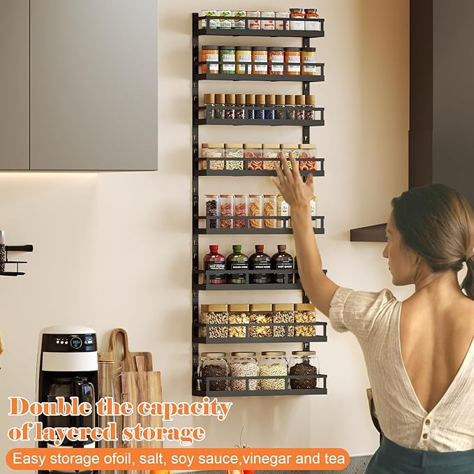 X-cosrack 8-Tier Adjustable Spice Rack – Wall-Mounted Space-Saving Organizer with Mixed Baskets, Large-Capacity Seasoning Holder for Kitchen & Pantry (Black)