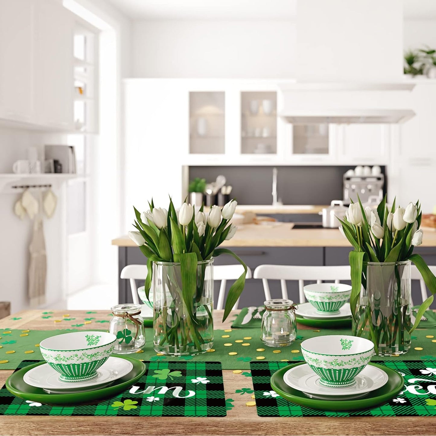 St. Patrick’s Day Placemats Set of 6 Buffalo Plaid Plastic Table Mats Lucky Shamrock Place Mats Blessed Holiday Table Decoration for Indoor Outdoor Party Kitchen Dining